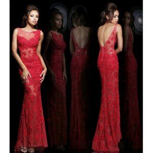 Sherri Hill Sheer Lace Beaded Rhinestone Backless Embellished Gown Dress 11127